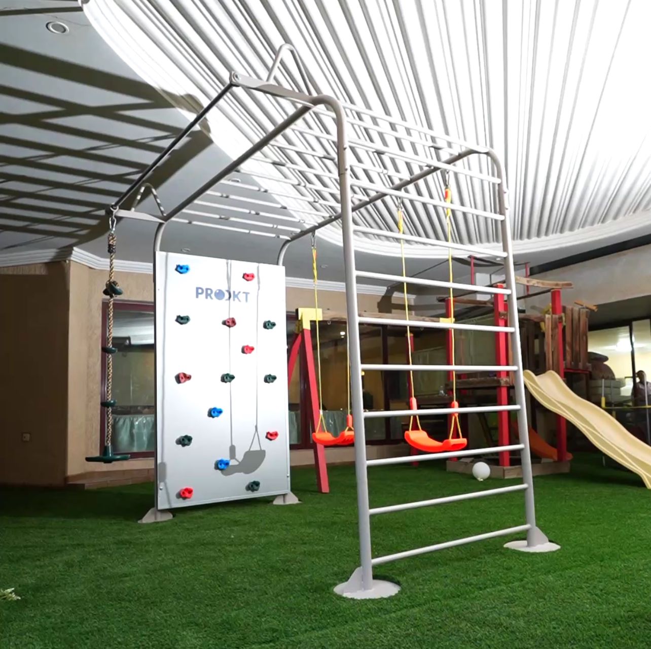 Outdoor Zip line with wall climb and monkeybar