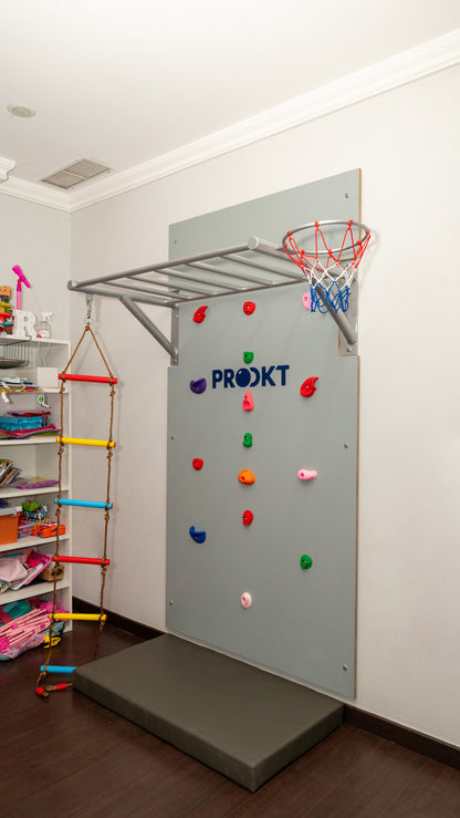 Wall mounted monkey bar with climbing wall